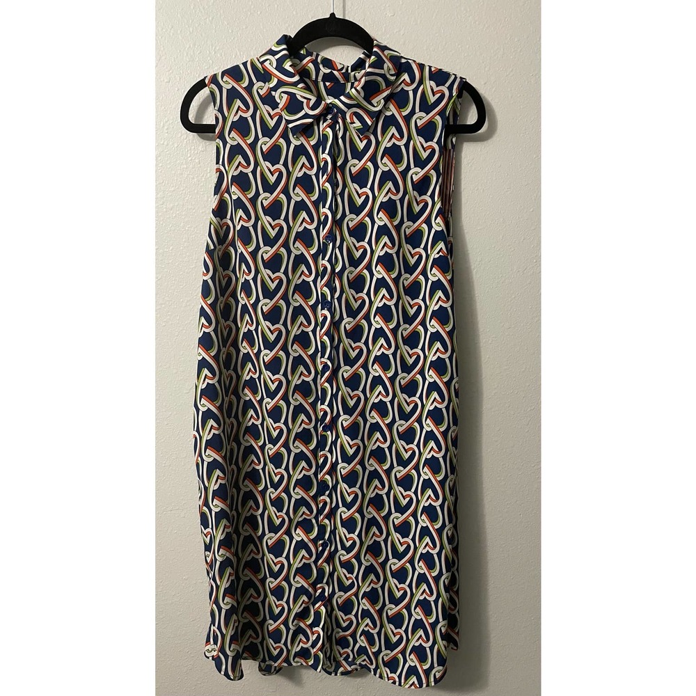 Cabi 5370 Hola Collection Amour Hearts Blue Button Down Dress Size Large